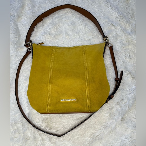 Michael Kors Brooke Suede Bucket Bag Mustard Yellow Leather Shoulder Bag - Picture 1 of 15